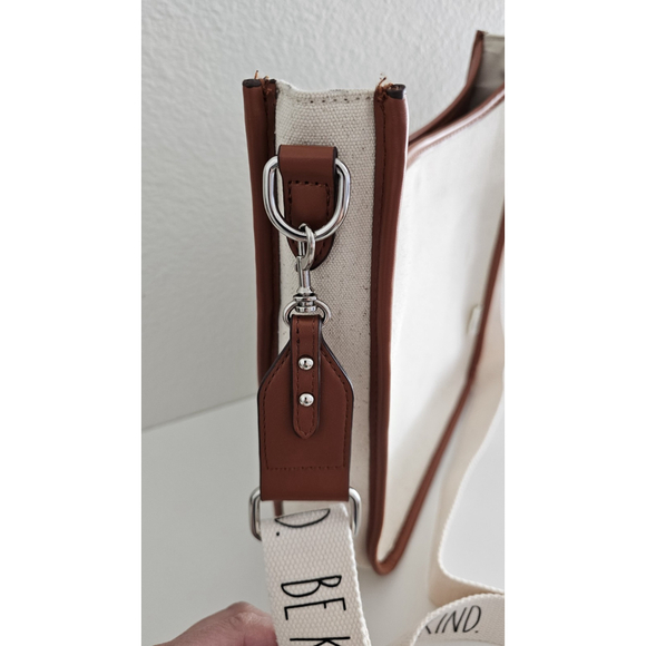 RAE DUNN BE KIND Shoulder Strap Satchel Tan Canvas Brown Leather - Very Clean - Picture 2 of 13